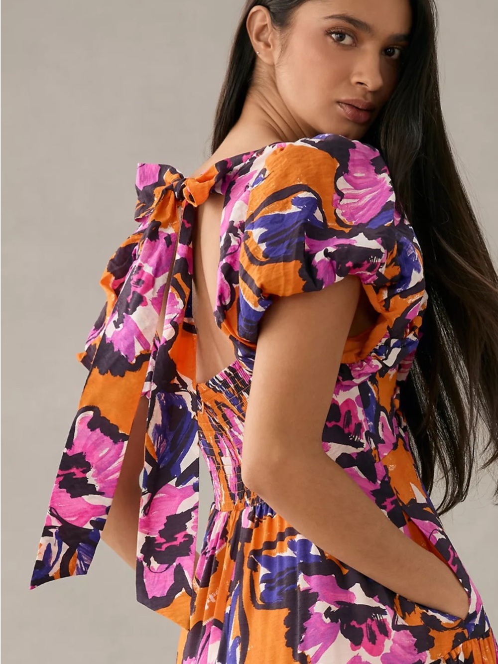 Anthropologie Floral Tie-Back Puff Sleeve Dress in Orange and Pink